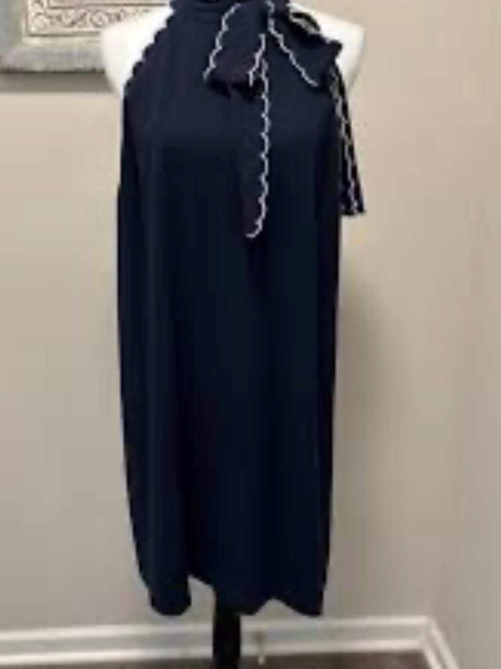 New-CeCe Navy Scallop Trim Halter Dress